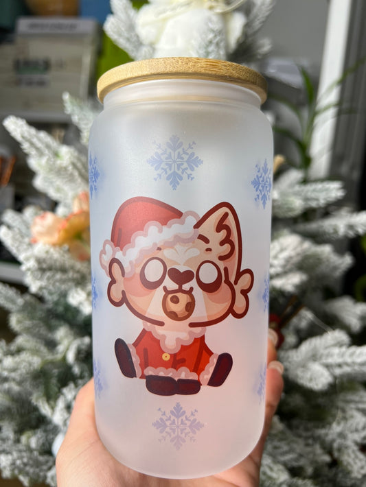 Corgi Santa Frosted Glass Cup - 16OZ